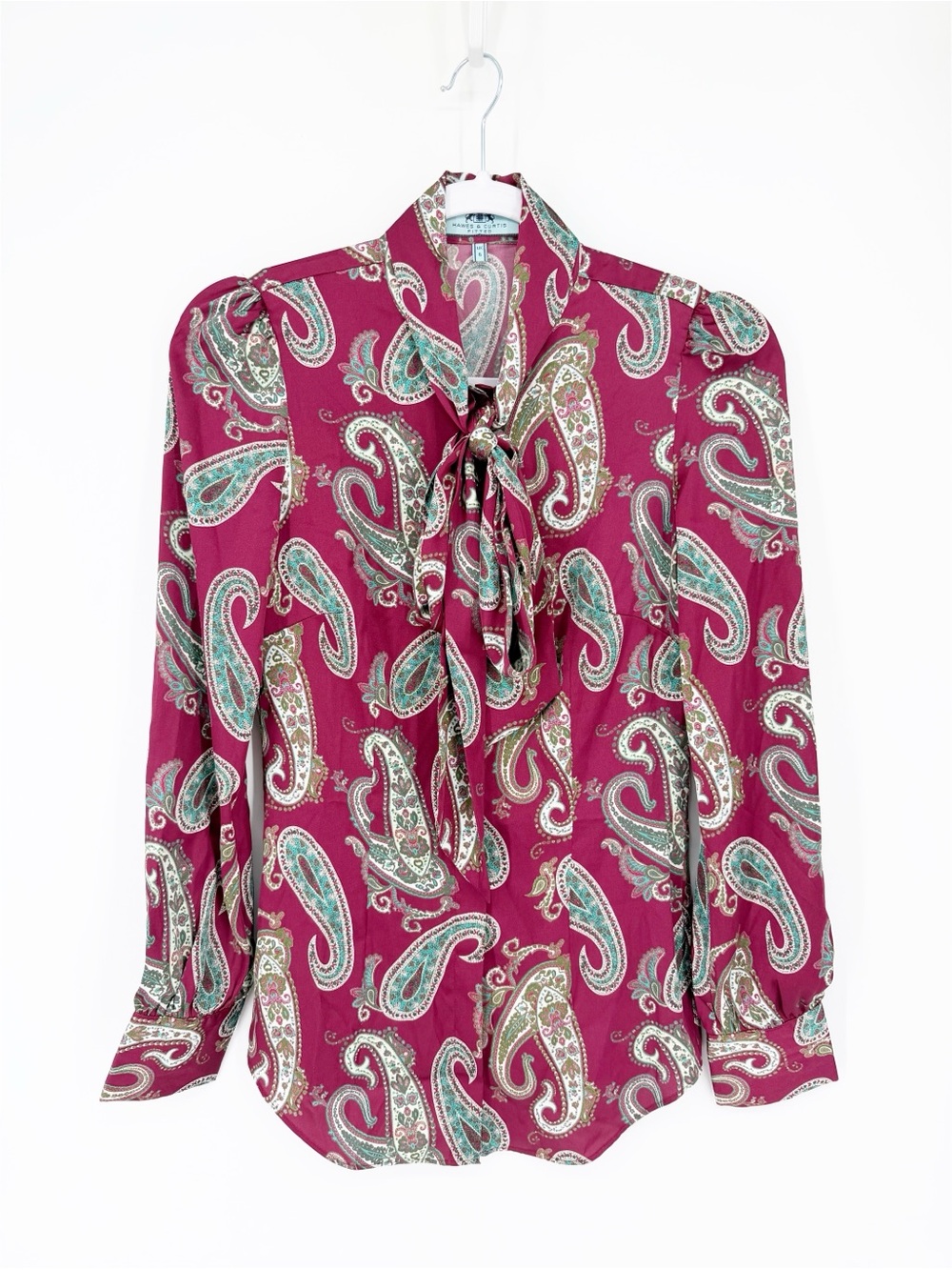 NWT Hawes & Curtis Fitted Satin Blouse Pussybow US 2 Wine and Green Paisley